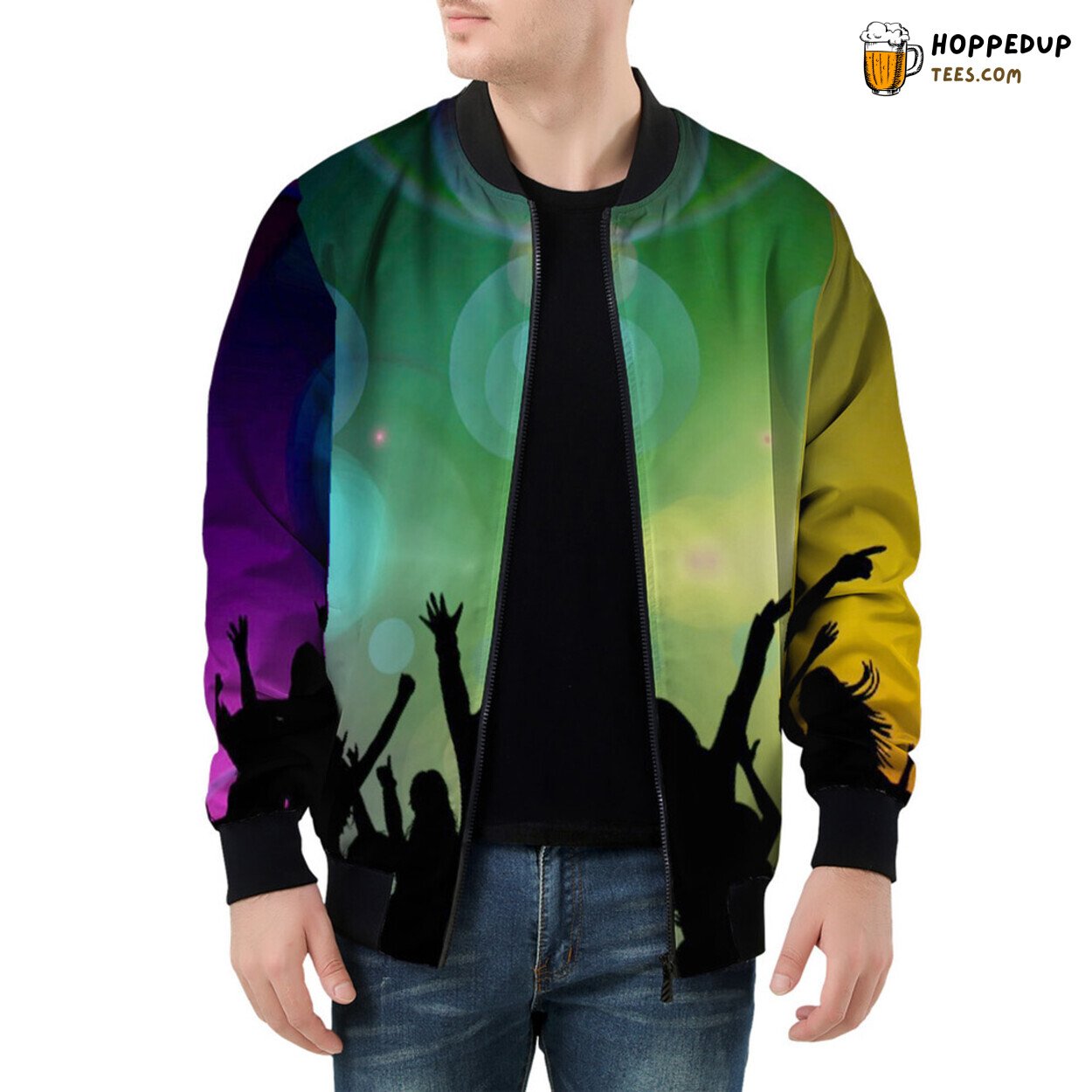 Neon Lights Dance Festively on Men’s Bomber Jacket Canvas