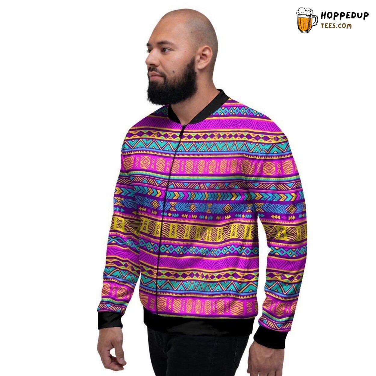 Neon Navajo Aztec Tribal Patterns Display Men’s Bomber Jacket Vibrant Artistry