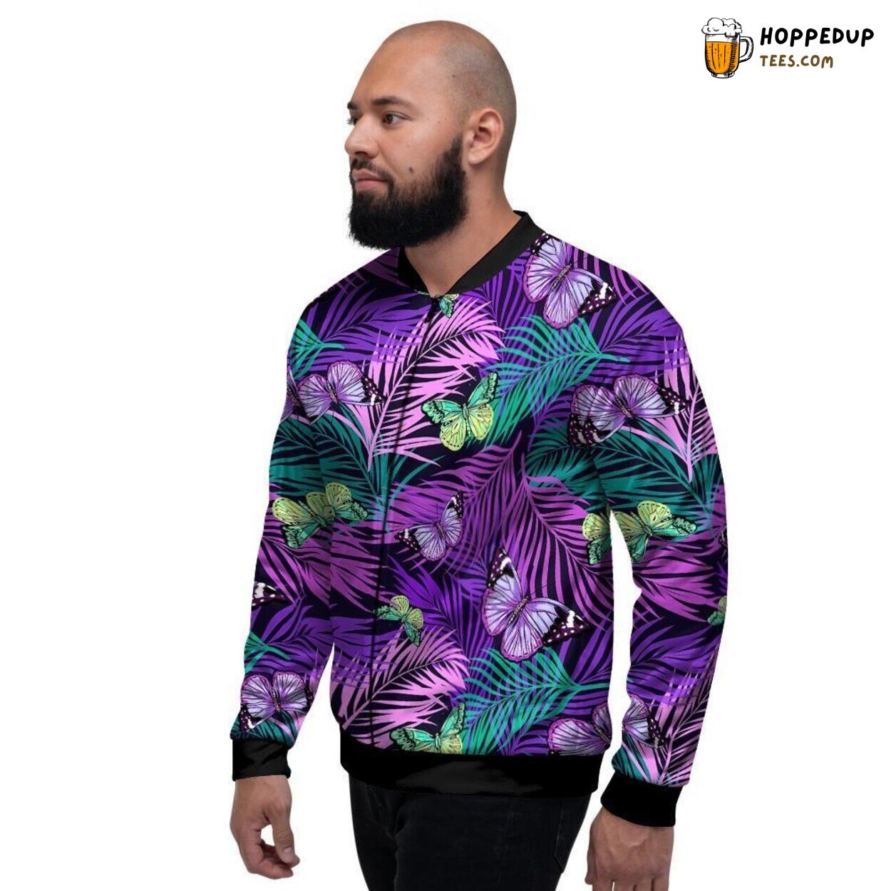 Neon Purple Palm Butterfly Tropical Print Men’s Bomber Jacket Nature Fusion Art