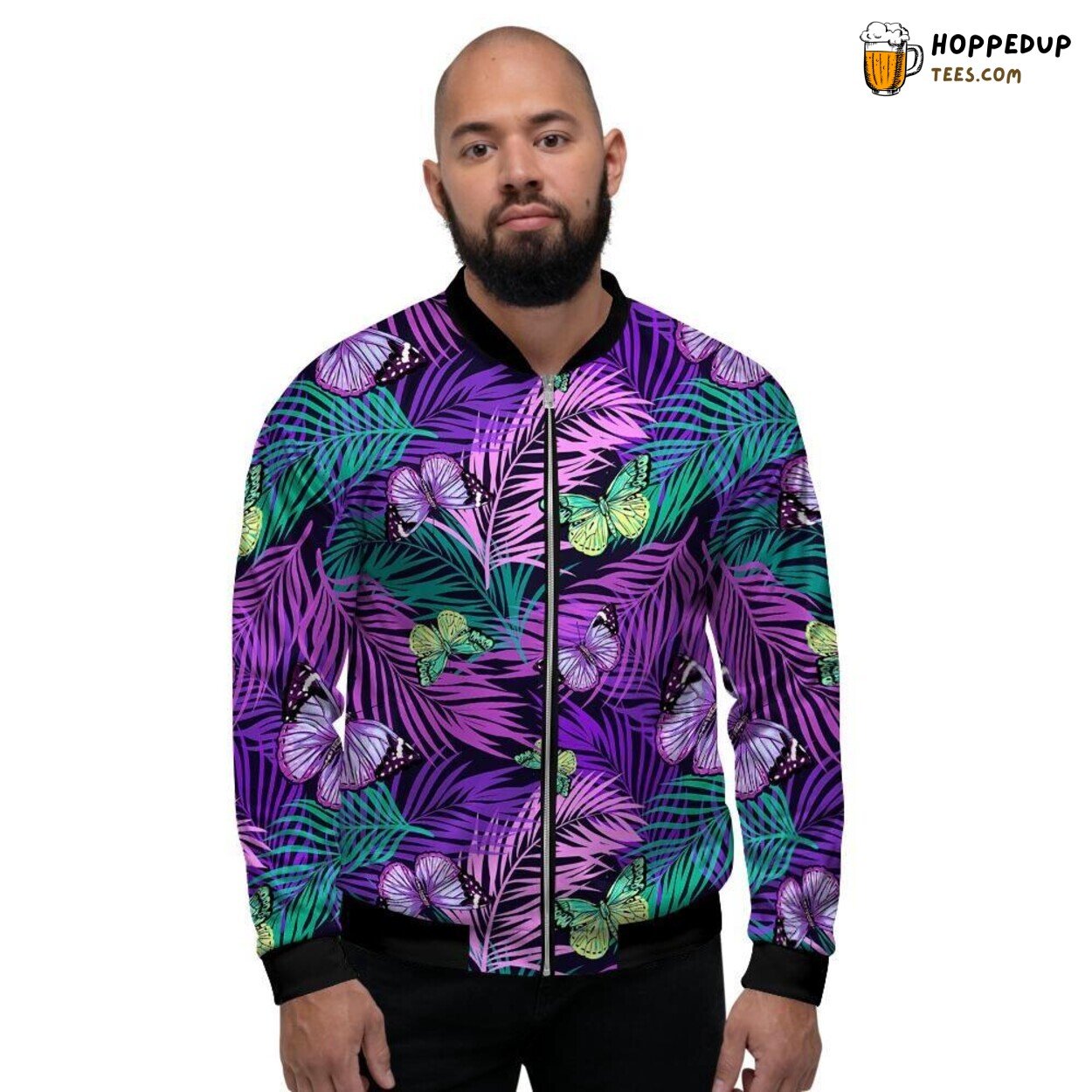Neon Purple Palm Butterfly Tropical Print Men’s Bomber Jacket Nature Fusion Art