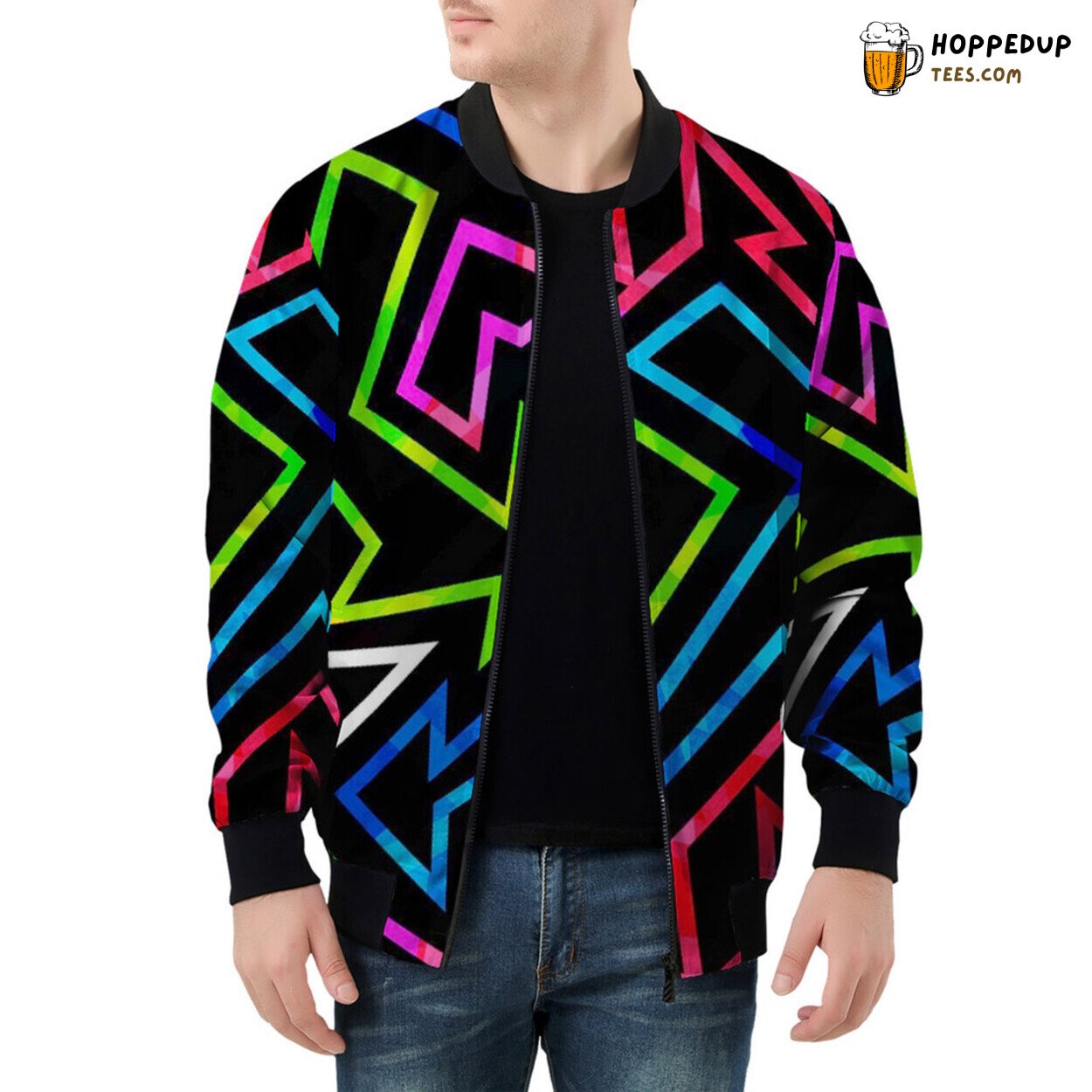 Neon Tones Highlight Geometric Grunge on Men’s Bomber Jacket Canvas