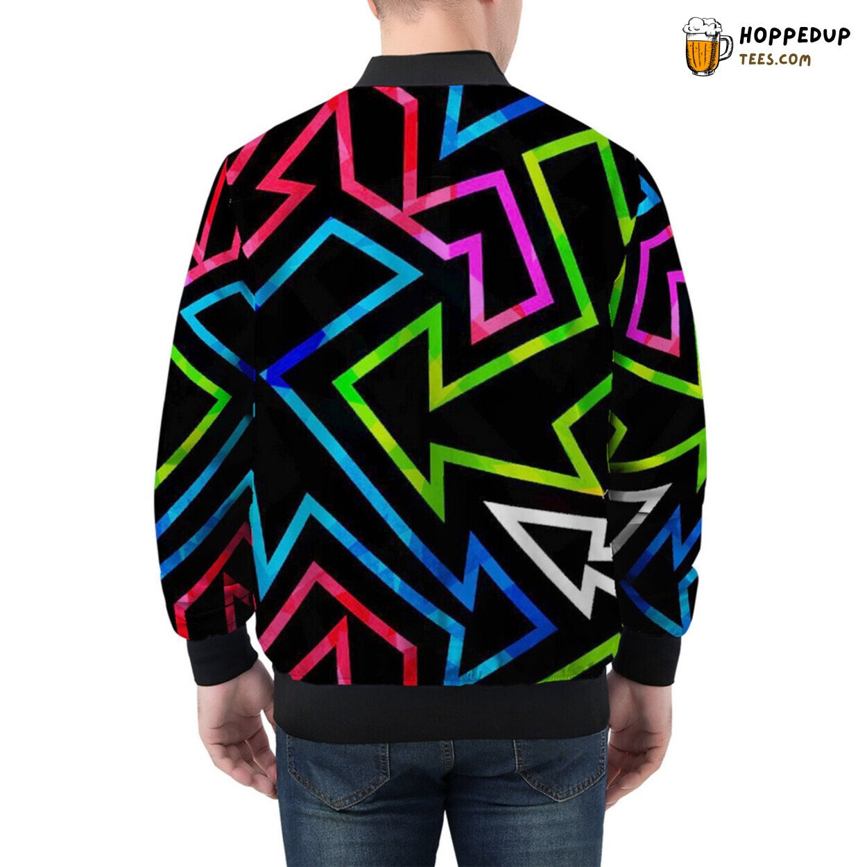 Neon Tones Highlight Geometric Grunge on Men’s Bomber Jacket Canvas