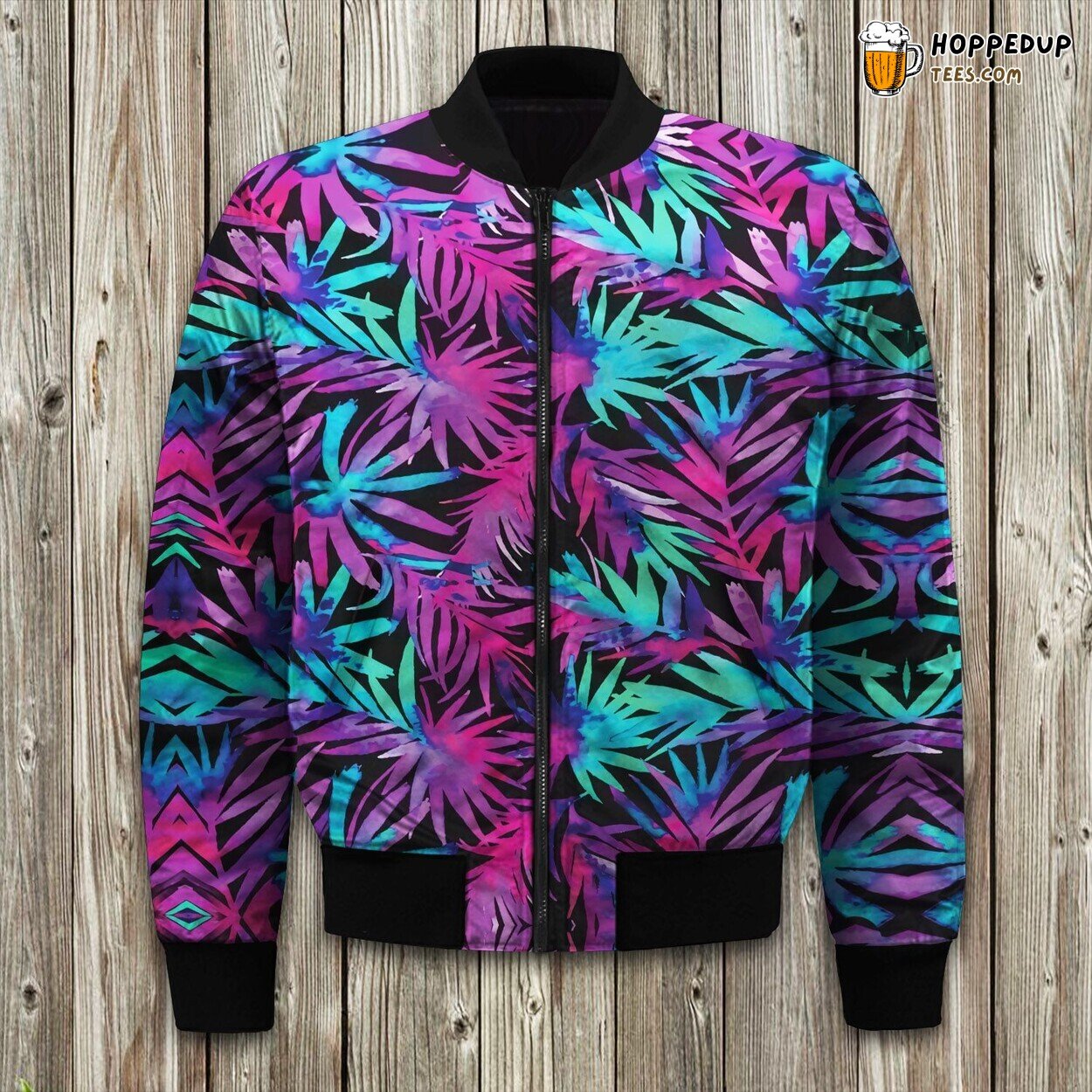 Neon Tropical Palm Leaves Hawaiian Bomber Jacket