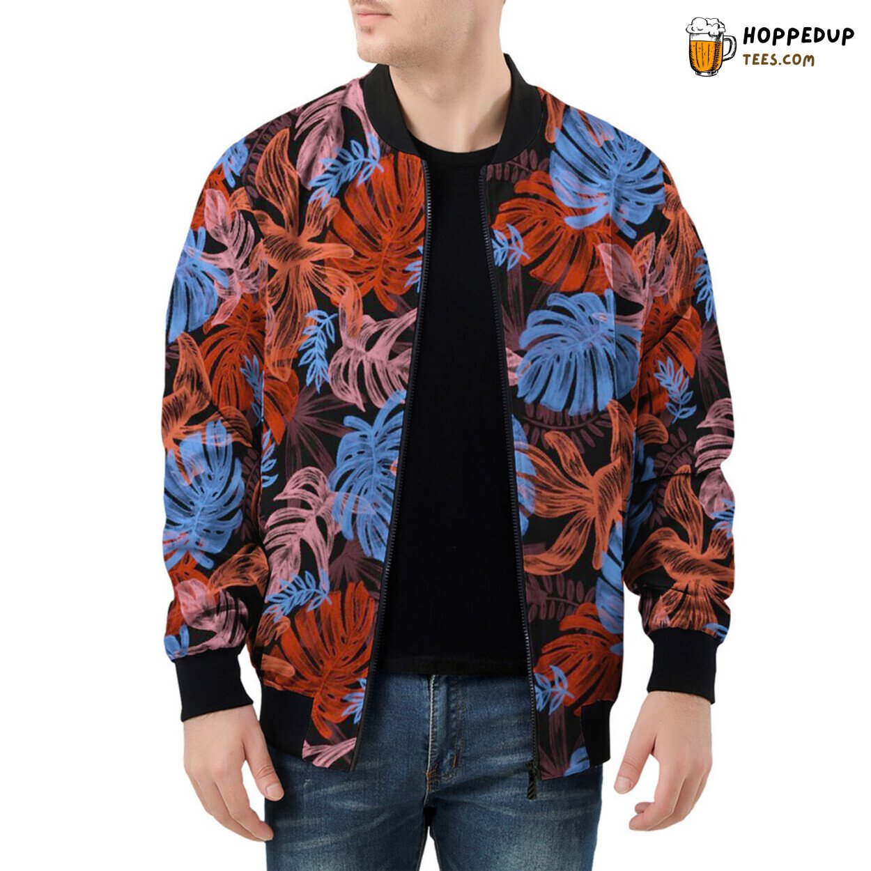Neon Tropical Vibes Radiate from Men’s Bomber Jacket Design
