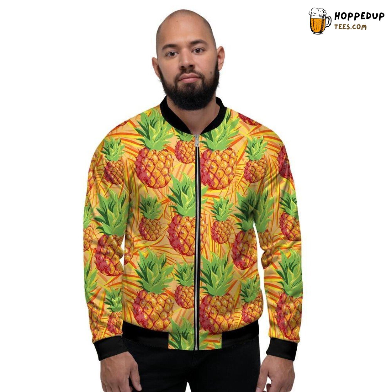Neon Yellow Hawaiian Pineapple Art Men’s Bomber Jacket Tropical Vibrance Show