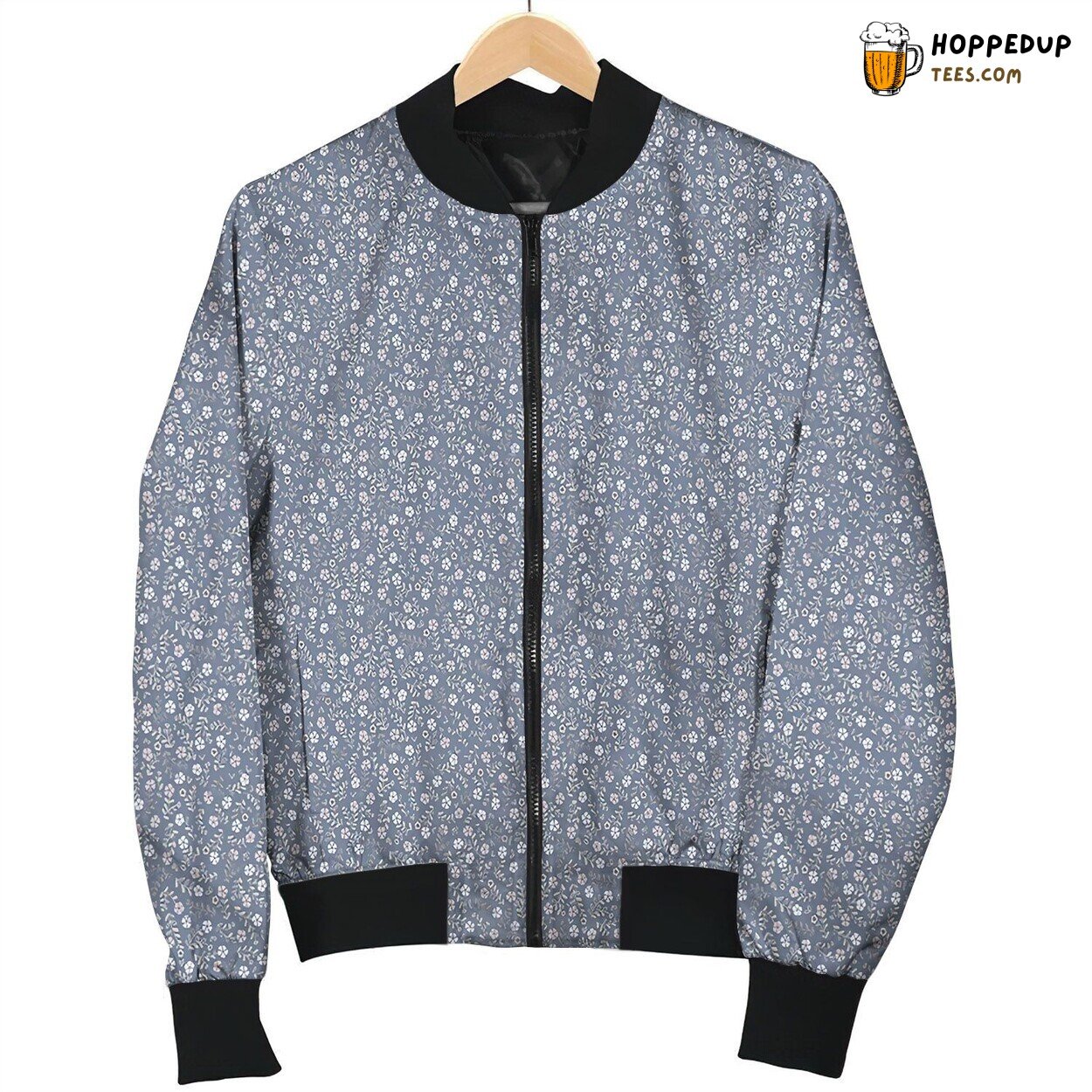Neutral Blue Gray Green Ditsy Floral Bomber Jacket
