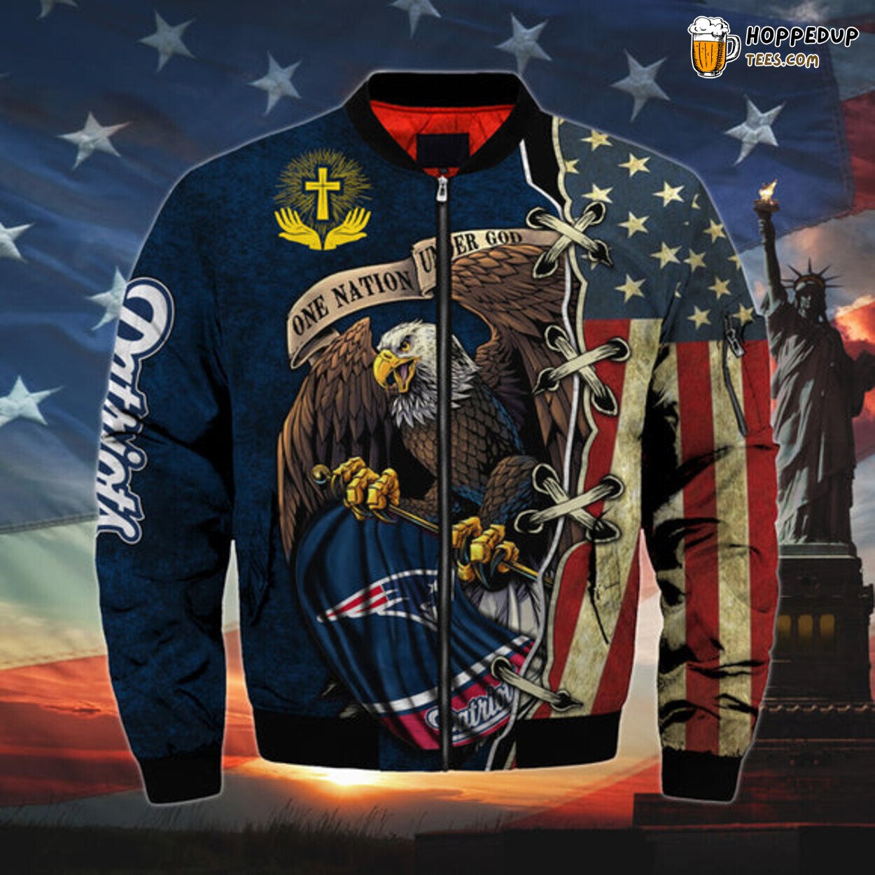 New England Patriots Men Bomber Jacket Series One Nation Under God Sporty Look