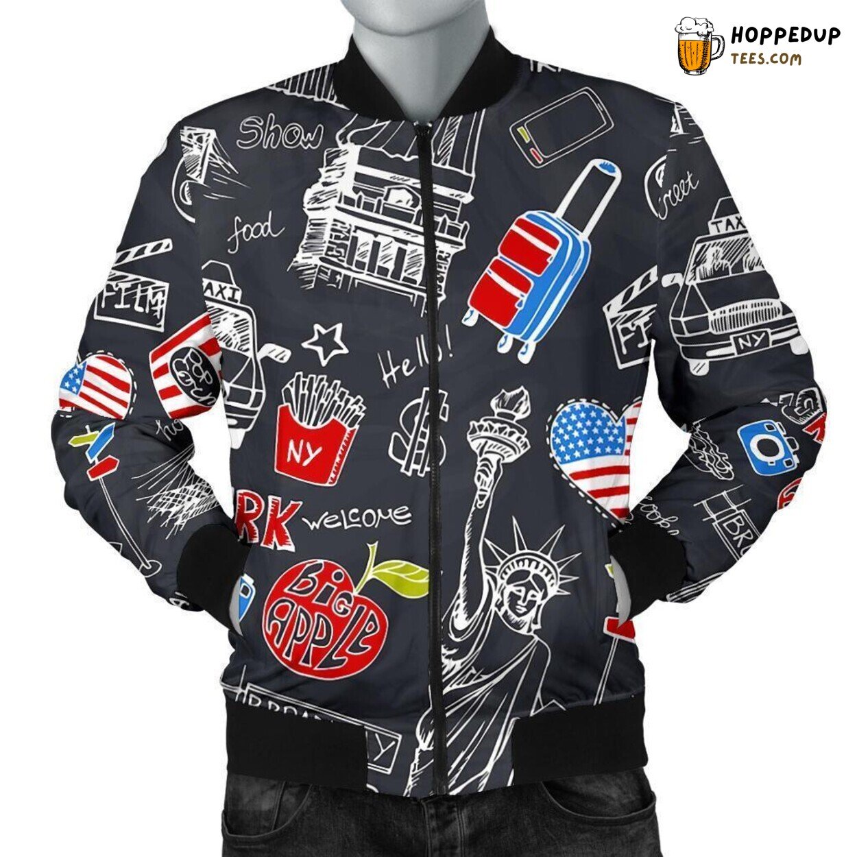 New York City Love Essence Men’s Bomber Jacket Unique Design Pattern Display