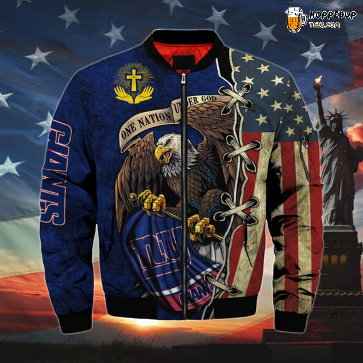New York Giants Bomber Jacket Men One Nation Under God Design Sporty Edition
