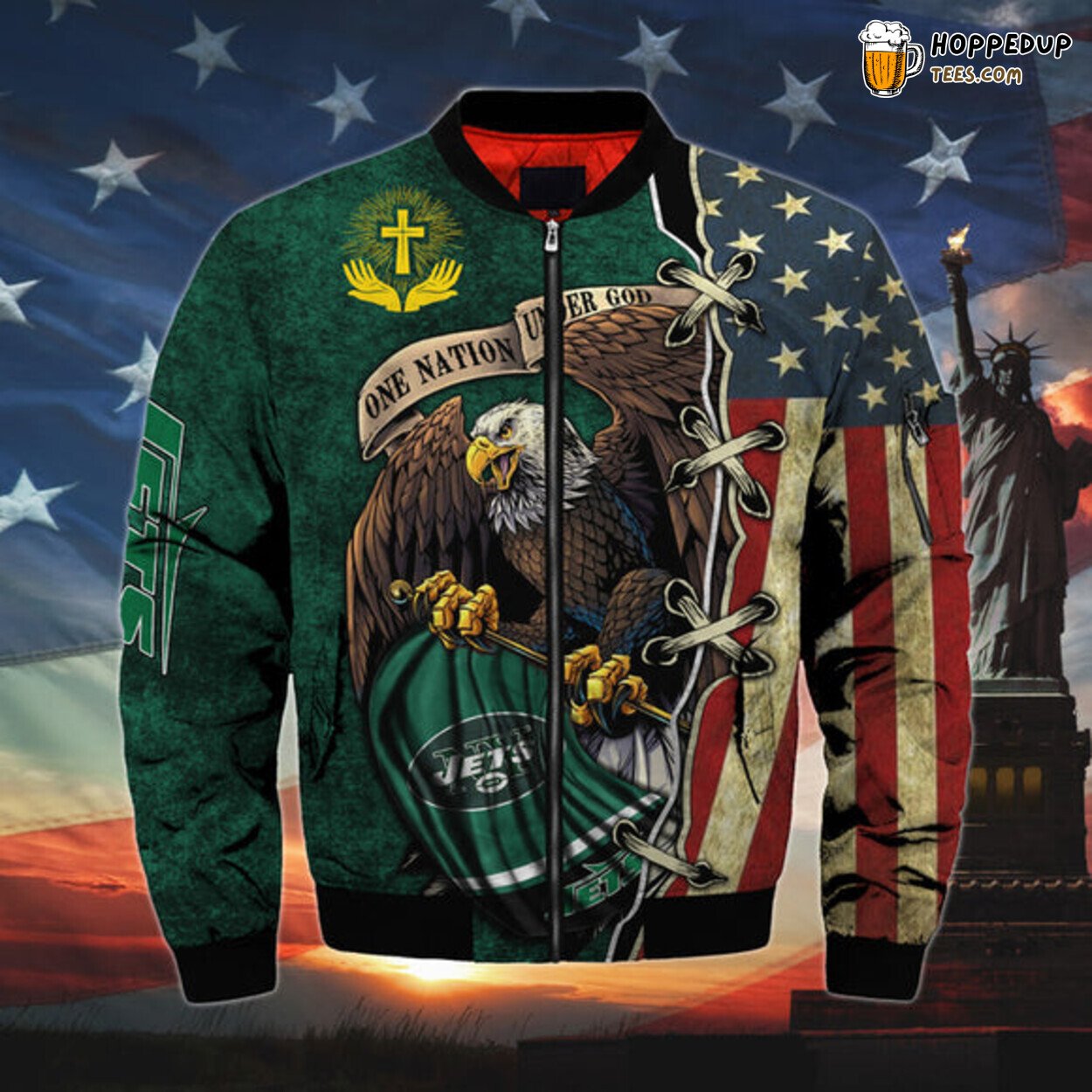 New York Jets Men Bomber Jacket Classic One Nation Under God Design Edition