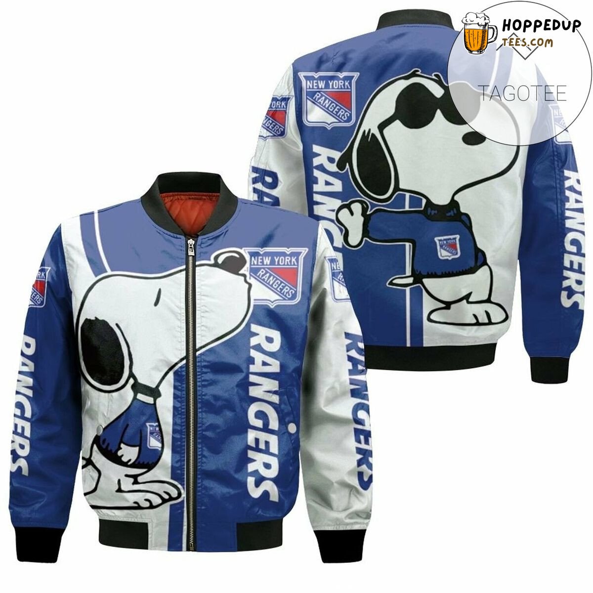 New York Rangers NHL Snoopy Themed Fan Bomber Jacket Look