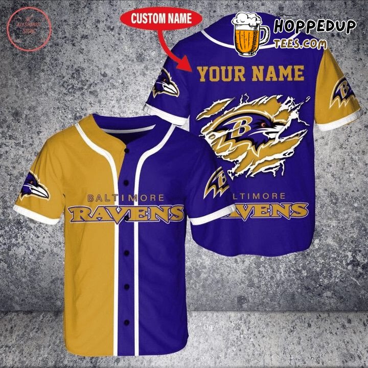 NFL Baltimore Ravens Custom Name Gold Purple Baseball Jersey Unisex Shirt