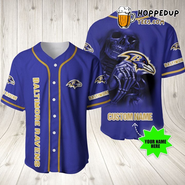 NFL Baltimore Ravens Custom Name Skull Purple Baseball Jersey Unisex Shirt