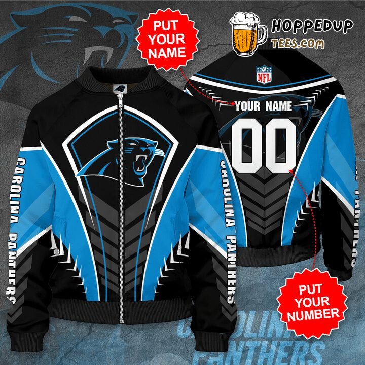 NFL Carolina Panthers Custom Name Black Blue Bomber Jacket