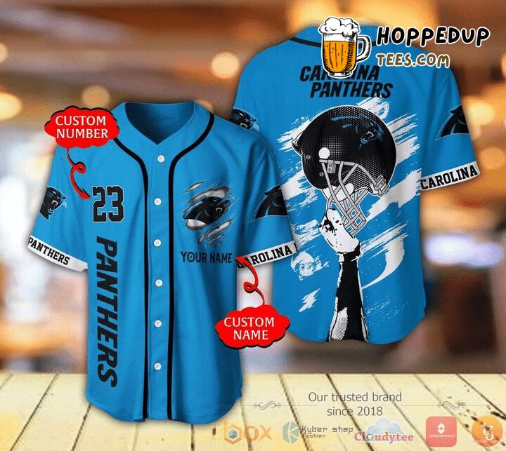 NFL Carolina Panthers Custom Name Number Blue Helmet Baseball Jersey Unisex Shirt