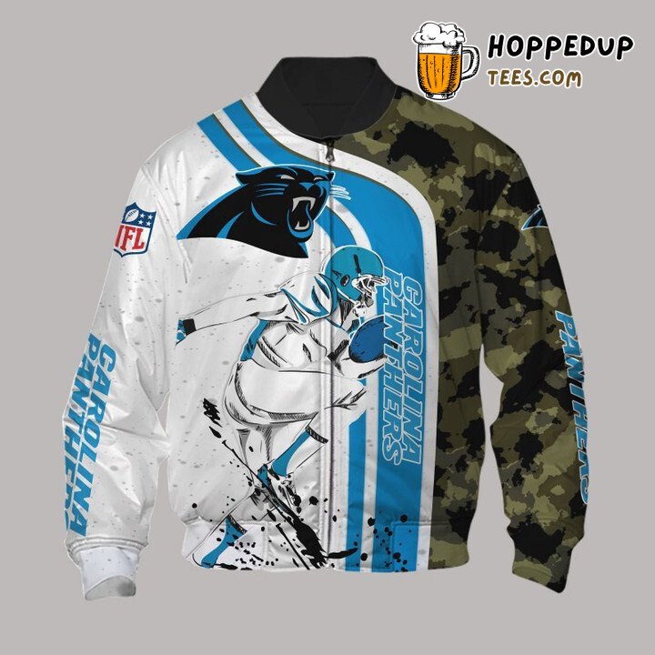 NFL Carolina Panthers White Blue Camo Bomber Jacket