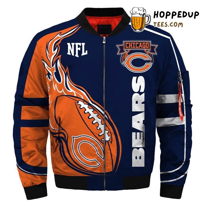 NFL Chicago Bears Orange Fire Ball Dark Blue Bomber Jacket
