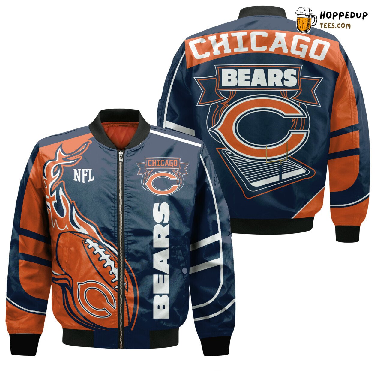 NFL Chicago Bears Orange Fire Ball Dark Blue Bomber Jacket NFL Chicago Bears Orange Fire Ball Dark Blue Bomber Jacket