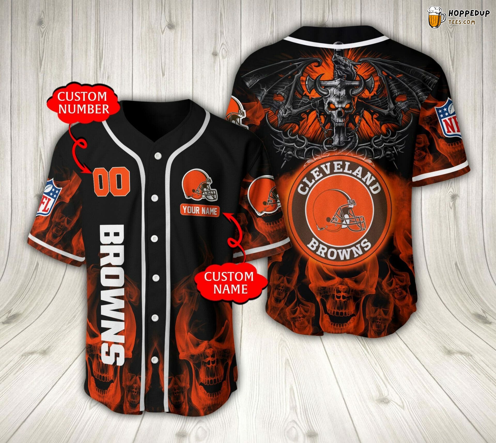 NFL Cleveland Browns Custom Name Number Skull Baseball Jersey Unisex Shirt
