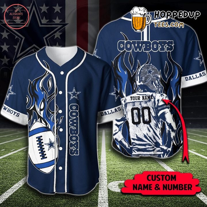 NFL Dallas Cowboys Custom Name Number Navy Fire Baseball Jersey Unisex Shirt