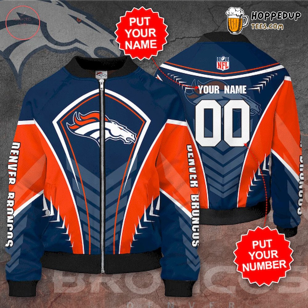 NFL Denver Broncos Custom Name Number Orange Navy Blue Bomber Jacket
