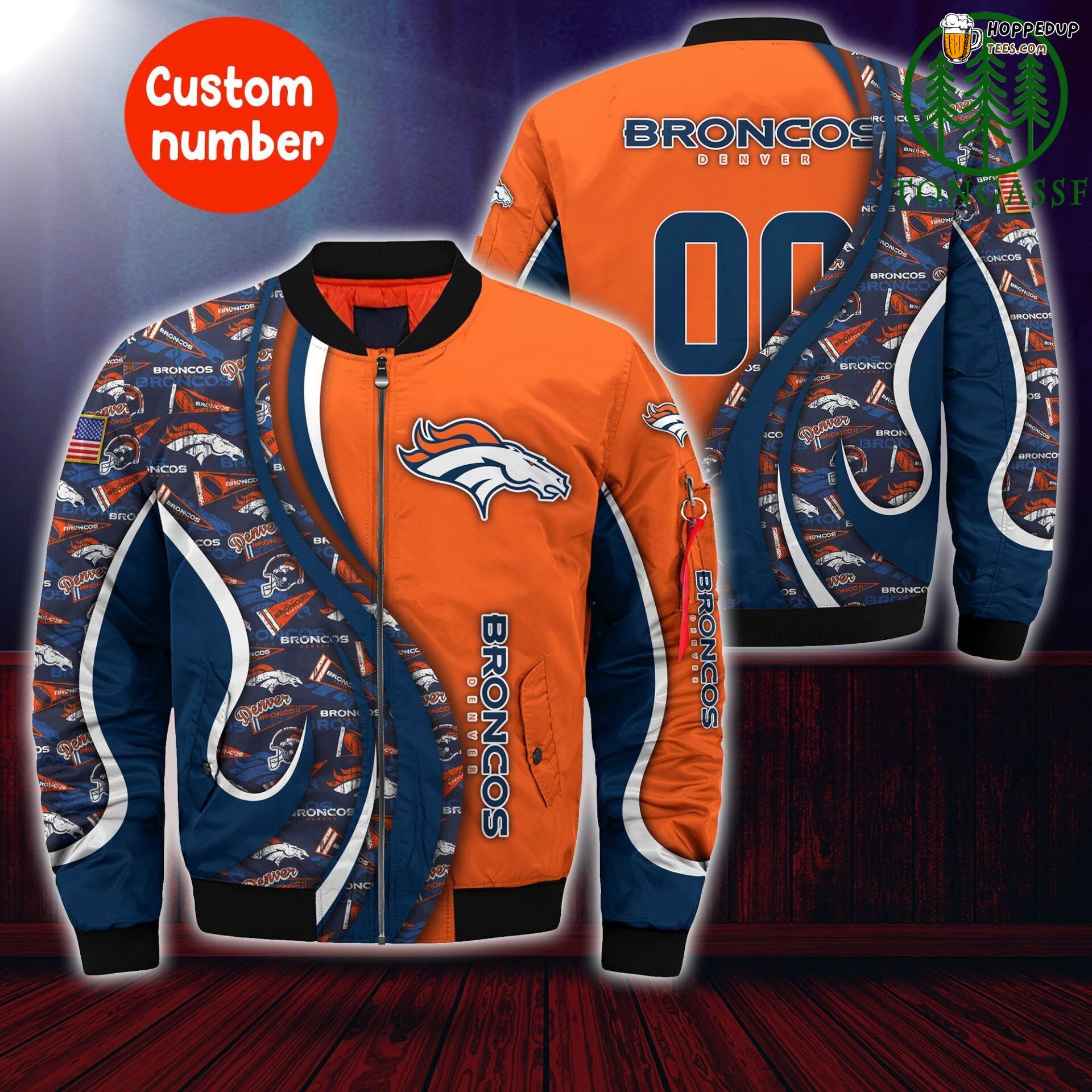 NFL Denver Broncos Custom Number Orange Navy Blue Bomber Jacket NFL Denver Broncos Custom Number Orange Navy Blue Bomber Jacket