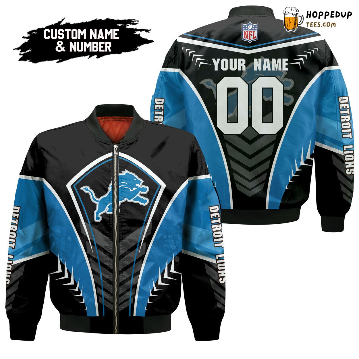 NFL Detroit Lions Custom Name Number Black Bomber Jacket