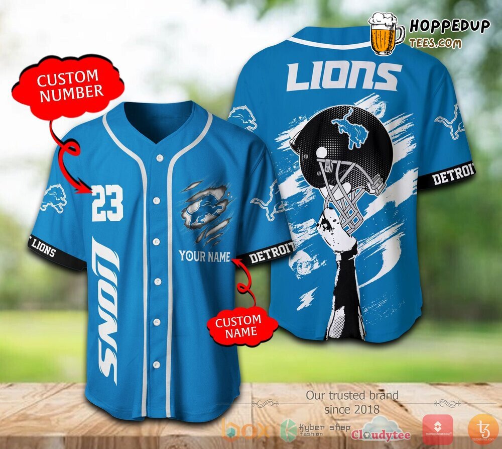 NFL Detroit Lions Custom Name Number Helmet Blue Baseball Jersey Unisex Shirt