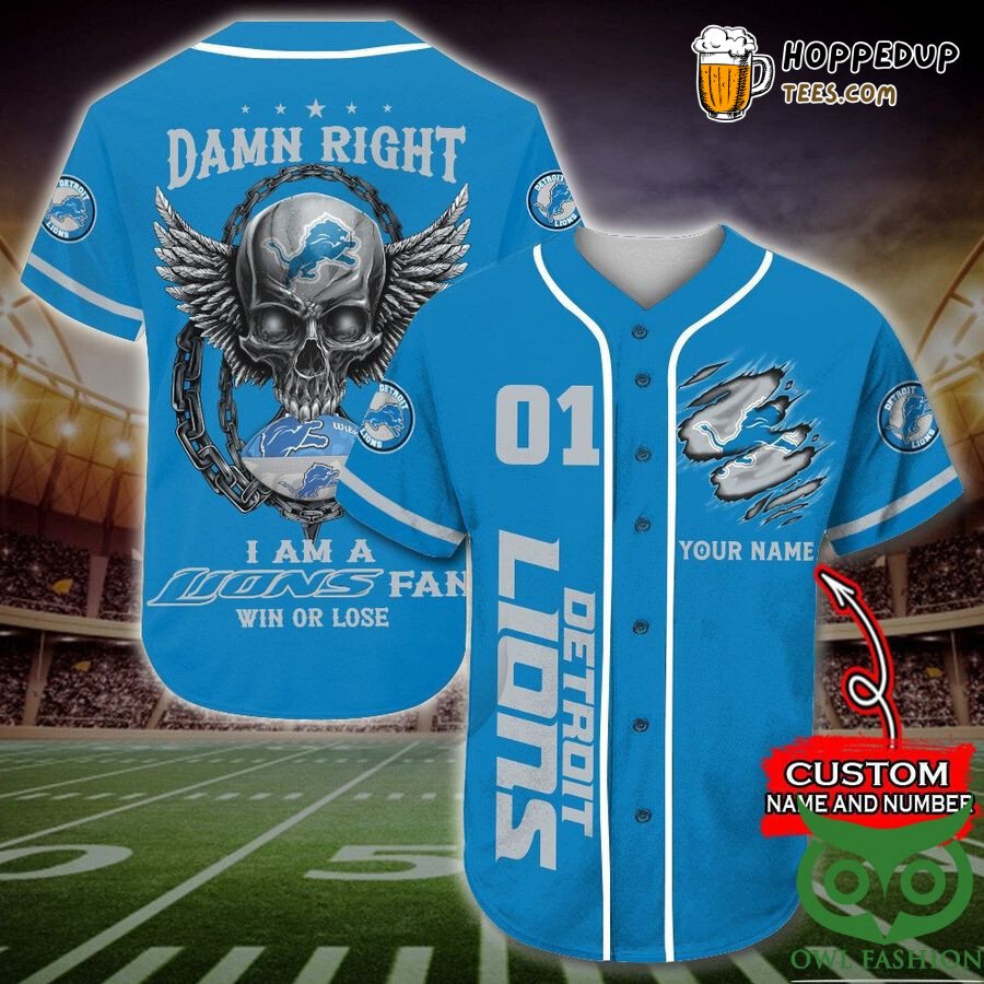 NFL Detroit Lions Custom Name Number Skull Blue Baseball Jersey Unisex Shirt