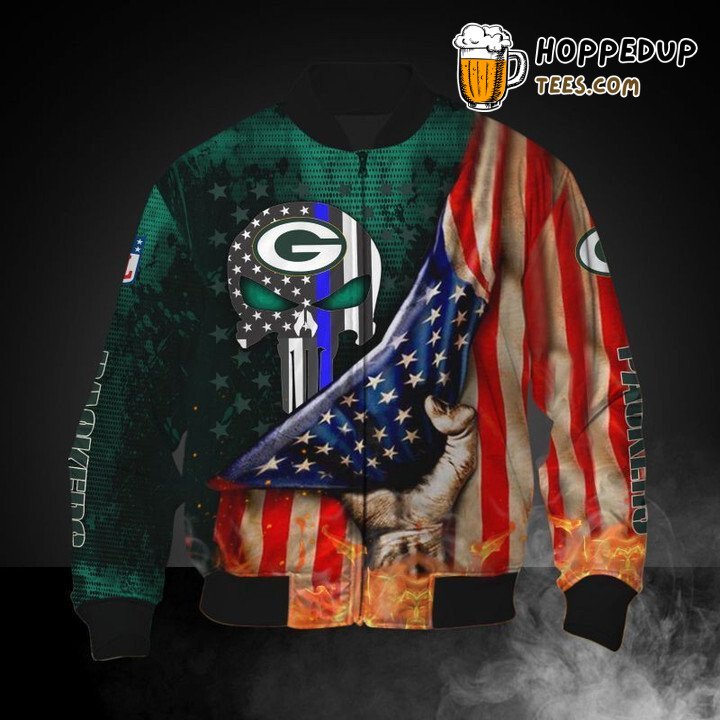 NFL Green Bay Packers American Flag Skull Bomber Jacket