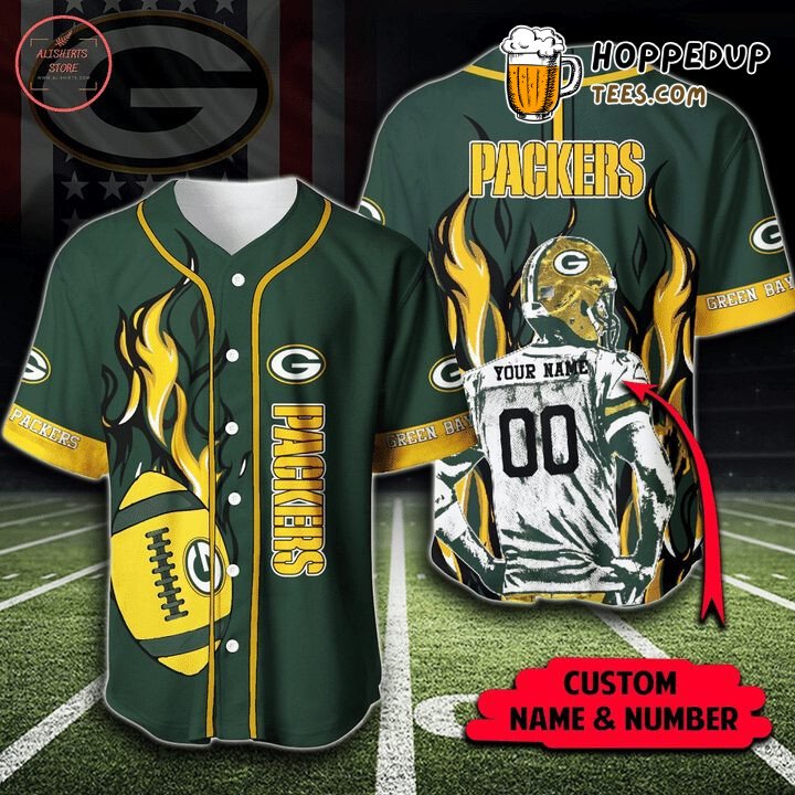 NFL Green Bay Packers Custom Name Number Yellow Fire Ball Baseball Jersey Unisex Shirt