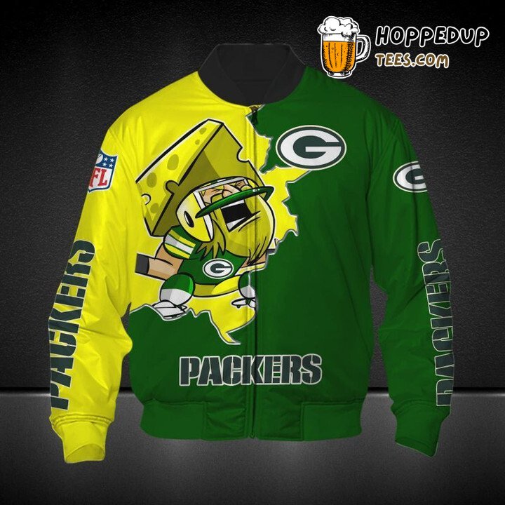 NFL Green Bay Packers Yellow Green Cartoon Bring Chesse Bomber Jacket