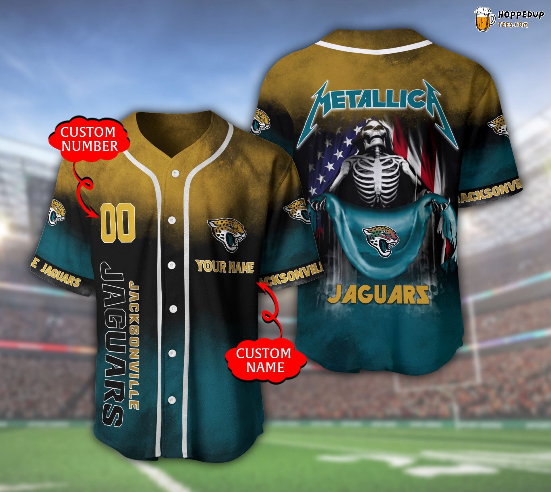NFL Jacksonville Jaguars Custom Name Number Skull Gold Baseball Jersey Unisex Shirt