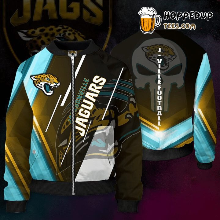 NFL Jacksonville Jaguars Punisher Skull Teal Gold Bomber Jacket