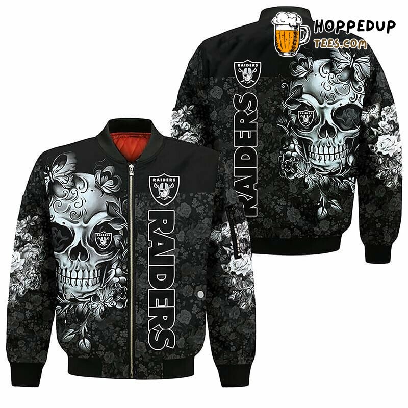 NFL Las Vegas Raiders Silver Skull Black Bomber Jacket