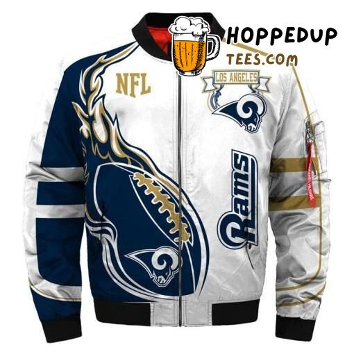 NFL Los Angeles Rams Rugby Ball White Blue Bomber Jacket NFL Los Angeles Rams Rugby Ball White Blue Bomber Jacket