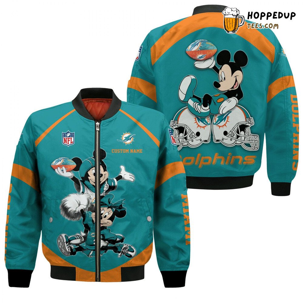 NFL Miami Dolphins Custom Name Mickey Mouse Aqua Bomber Jacket