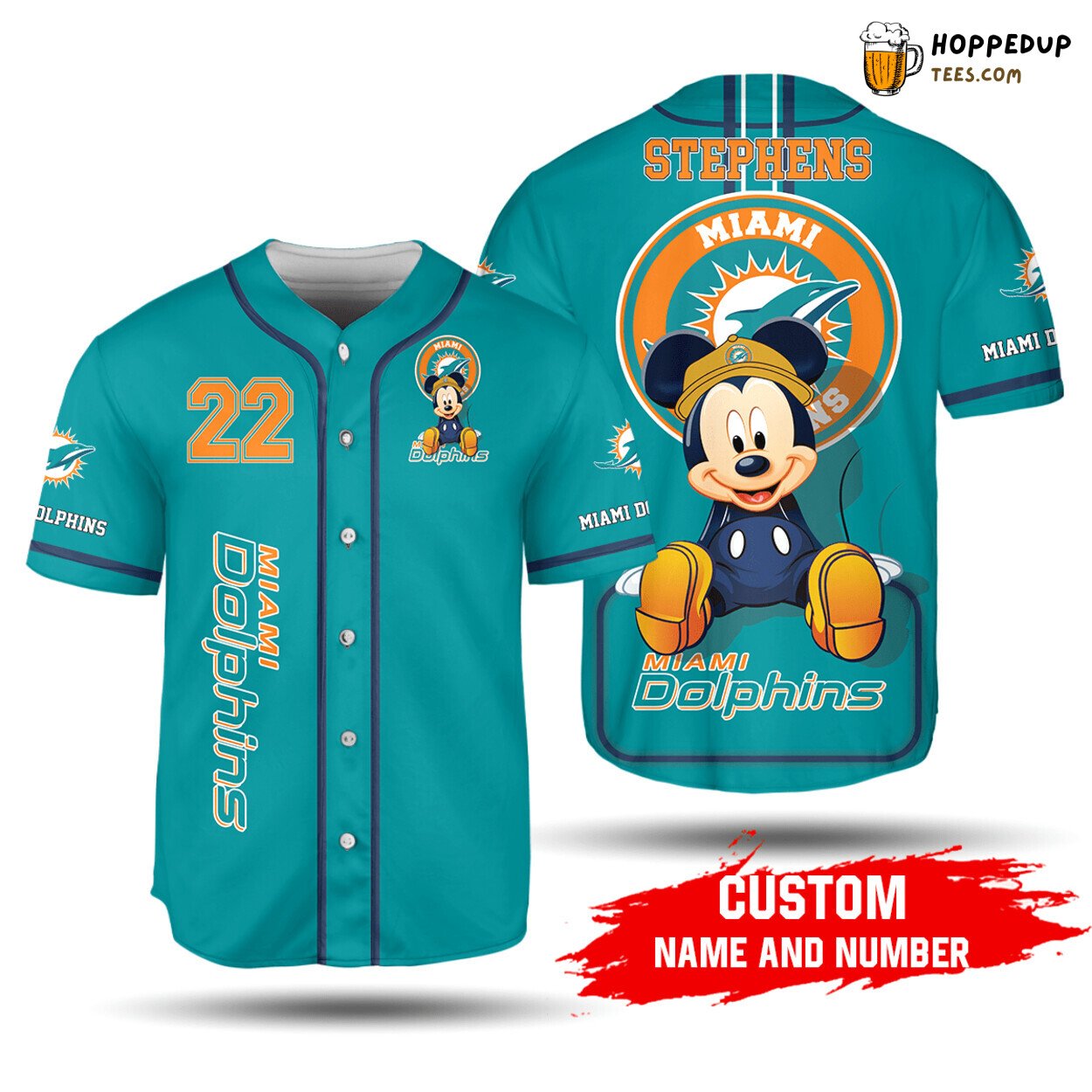 NFL Miami Dolphins Custom Name Number Aqua Mickey Mouse Baseball Jersey Unisex Shirt
