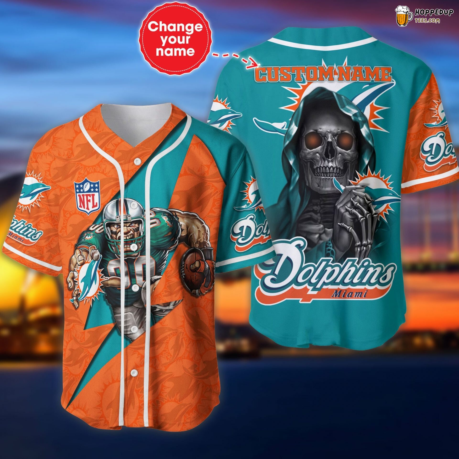 NFL Miami Dolphins Custom Name Orange Aqua Skull Baseball Jersey Unisex Shirt