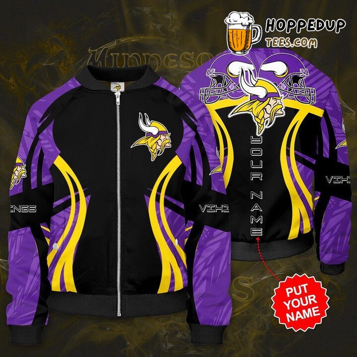 NFL Minnesota Vikings Custom Name Black Purple Bomber Jacket