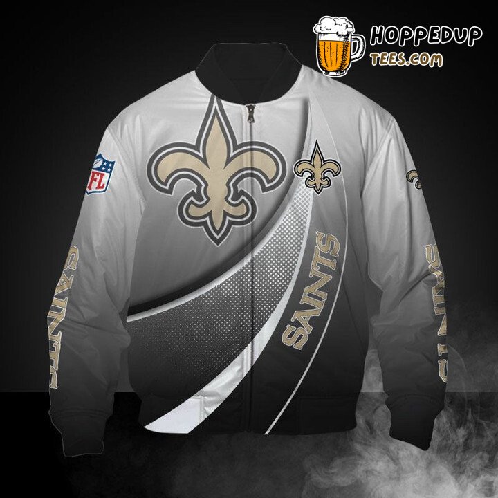 NFL New Orleans Saints Grey White Curve Graphic Bomber Jacket