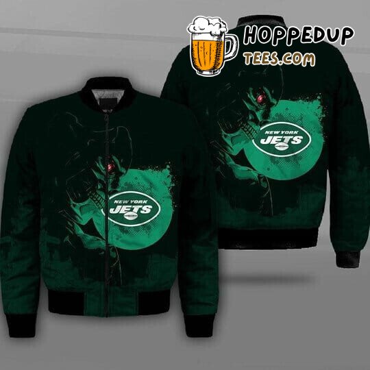 NFL New York Jets Green Bomber Jacket with Skull Graphic Design