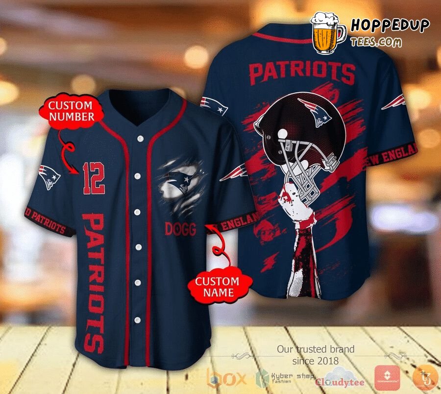 NFL Patriots Custom Name Unisex Navy Red Helmet Baseball Jersey Shirt
