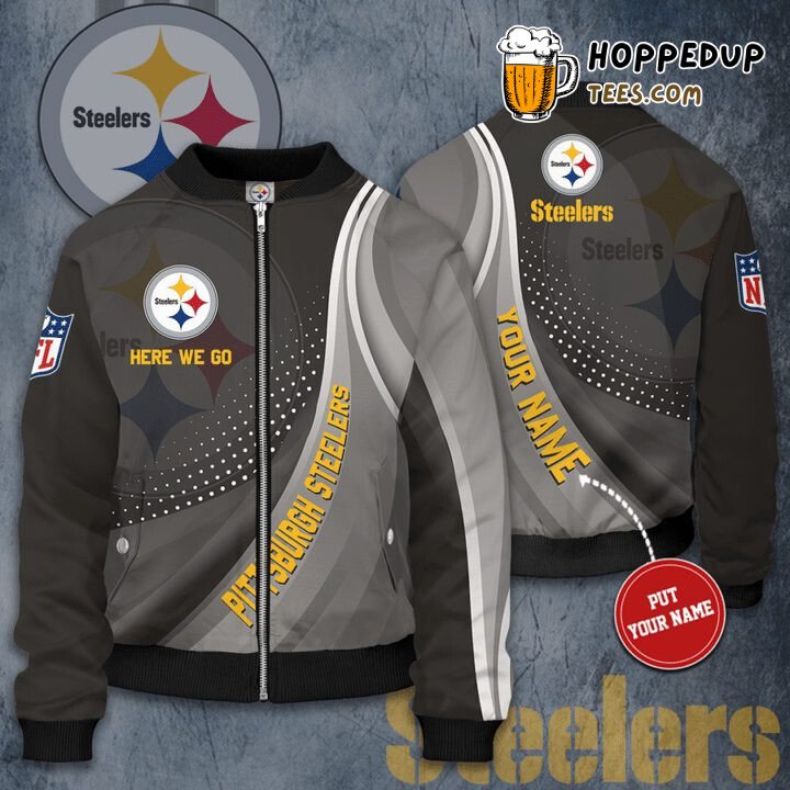 NFL Pittsburgh Steelers Custom Name Grey Here We Go Bomber Jacket