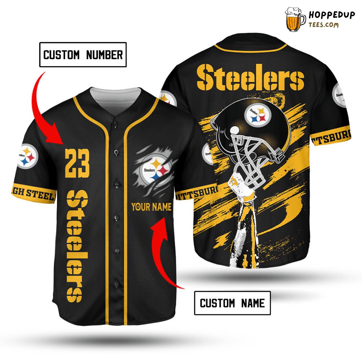 NFL Pittsburgh Steelers Custom Name Number Black Rugby Hat Baseball Jersey Unisex Shirt