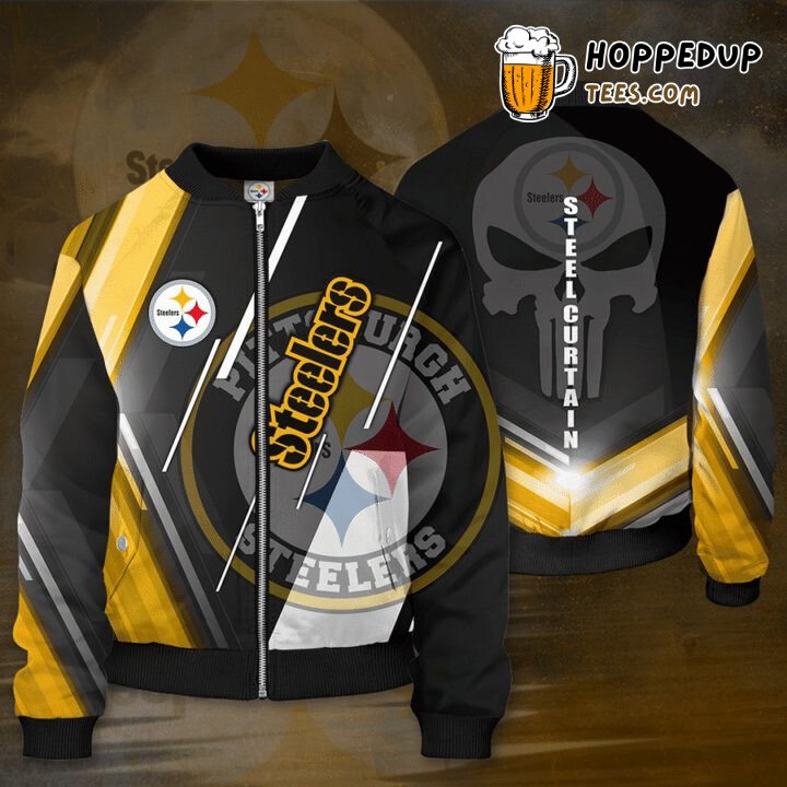 NFL Pittsburgh Steelers White Skull Golden Black Bomber Jacket
