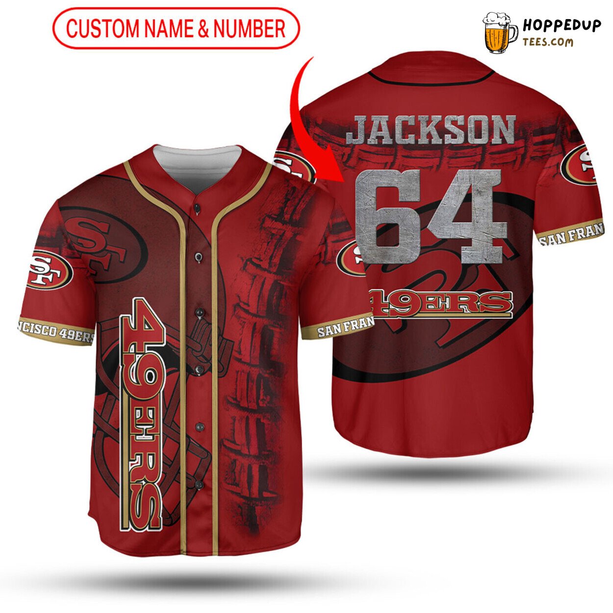 NFL San Francisco 49ers Custom Name Number Red Big Hat Baseball Jersey Unisex Shirt