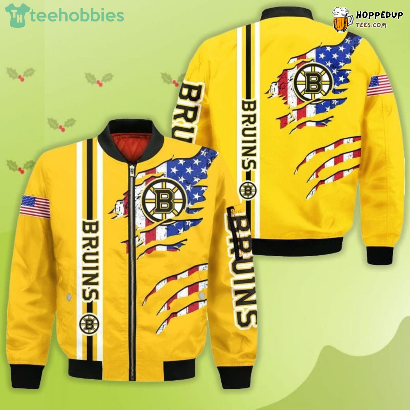 NHL Boston Bruins American Flag Gold Scratch Bomber Jacket