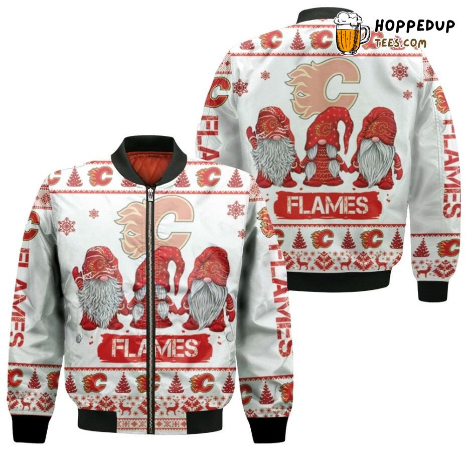 NHL Calgary Flames White Red Drawfs Ugly Christmas Bomber Jacket