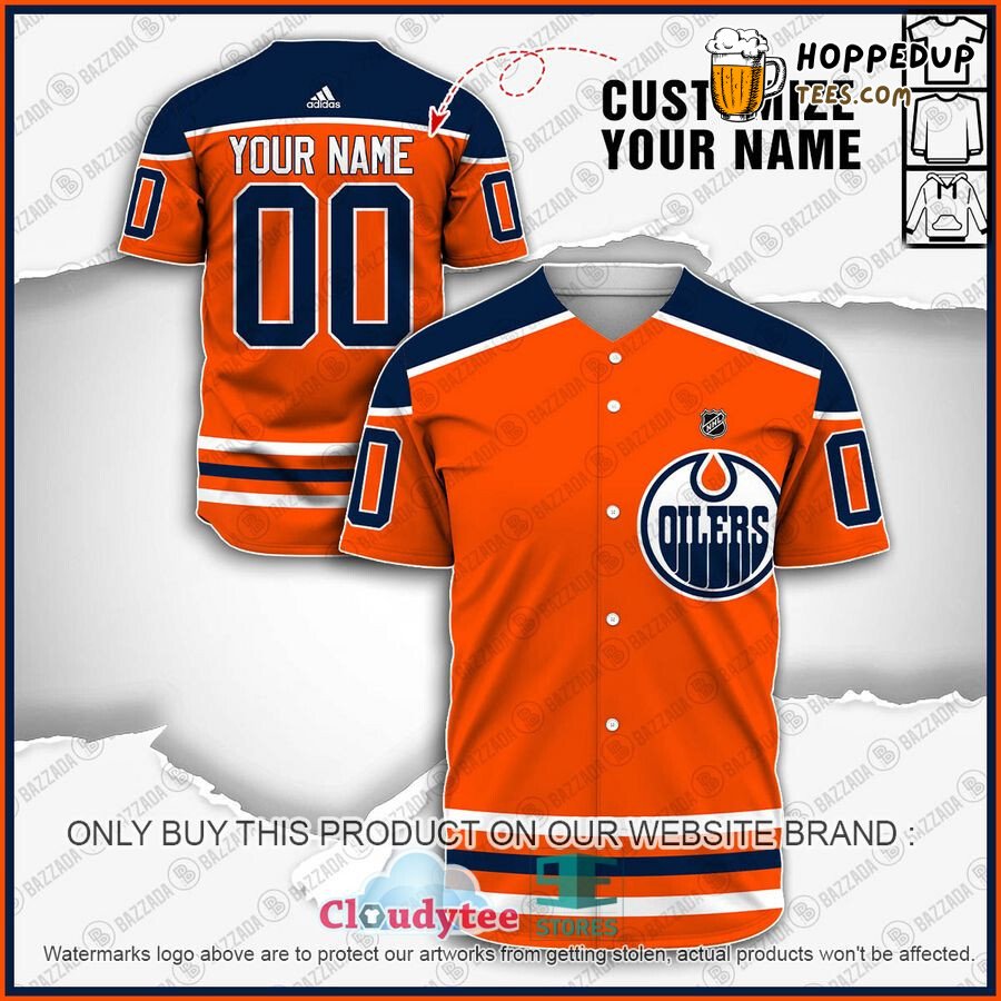 NHL Edmonton Oilers Custom Name Number Orange Navy Blue Baseball Jersey Unisex Shirt NHL Edmonton Oilers Custom Name Number Orange Navy Blue Baseball Jersey Unisex Shirt